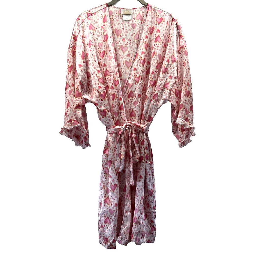 LA Intimates Belted Robe Size L Pink Red Satin Hearts Pockets 3/4 Ruffle Sleeves
